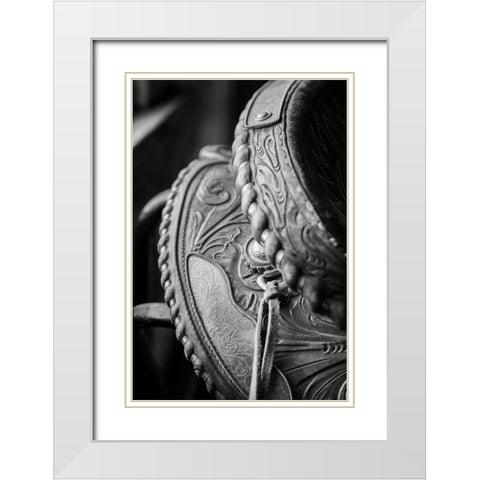 USA-Colorado-Custer County-Westcliffe-Music Meadows Ranch Tack room Tooled leather western saddle White Modern Wood Framed Art Print with Double Matting by Hopkins, Cindy Miller