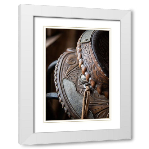 USA-Colorado-Custer County-Westcliffe-Music Meadows Ranch Tack room Tooled leather western saddle White Modern Wood Framed Art Print with Double Matting by Hopkins, Cindy Miller