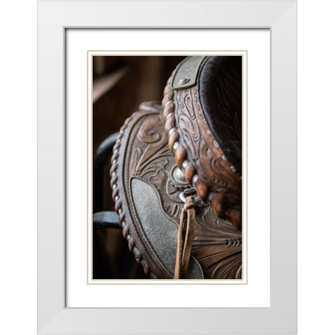 USA-Colorado-Custer County-Westcliffe-Music Meadows Ranch Tack room Tooled leather western saddle White Modern Wood Framed Art Print with Double Matting by Hopkins, Cindy Miller