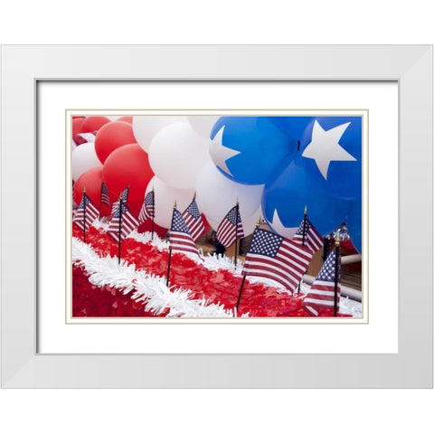 Indiana, Carmel Patriotic balloons and flags White Modern Wood Framed Art Print with Double Matting by Kaveney, Wendy