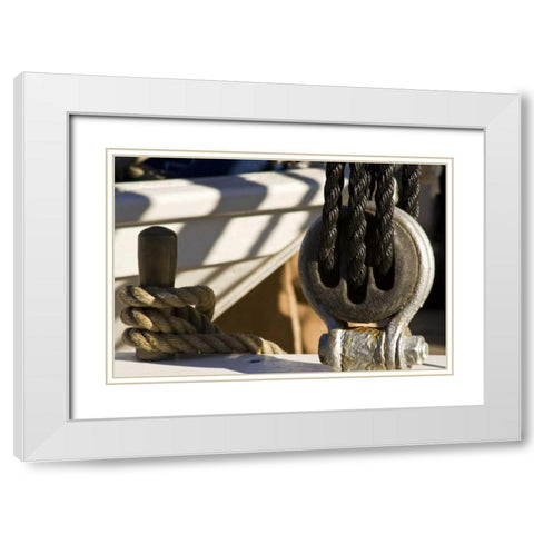 Maine, Castine Boat rope and pulley White Modern Wood Framed Art Print with Double Matting by Kaveney, Wendy