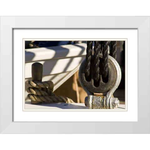 Maine, Castine Boat rope and pulley White Modern Wood Framed Art Print with Double Matting by Kaveney, Wendy