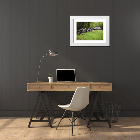TN, Great Smoky Mts Fence and abandoned stable White Modern Wood Framed Art Print with Double Matting by Flaherty, Dennis