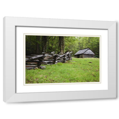 TN, Great Smoky Mts Fence and abandoned stable White Modern Wood Framed Art Print with Double Matting by Flaherty, Dennis