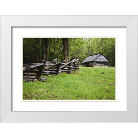 TN, Great Smoky Mts Fence and abandoned stable White Modern Wood Framed Art Print with Double Matting by Flaherty, Dennis