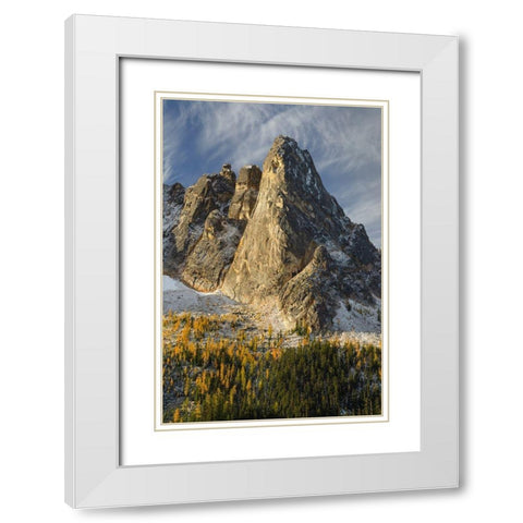 Liberty Bell Mountain Early Winters Spires-and golden autumn Larches White Modern Wood Framed Art Print with Double Matting by Majchrowicz, Alan