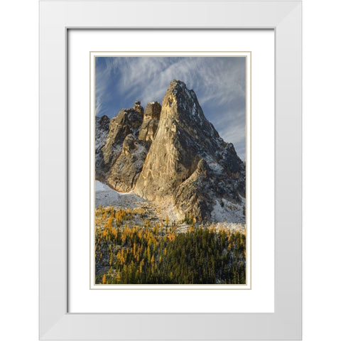 Liberty Bell Mountain Early Winters Spires-and golden autumn Larches White Modern Wood Framed Art Print with Double Matting by Majchrowicz, Alan