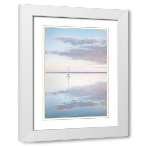 Sailboat and morning clouds reflected in calm waters of Bellingham Bay-Washington State White Modern Wood Framed Art Print with Double Matting by Majchrowicz, Alan