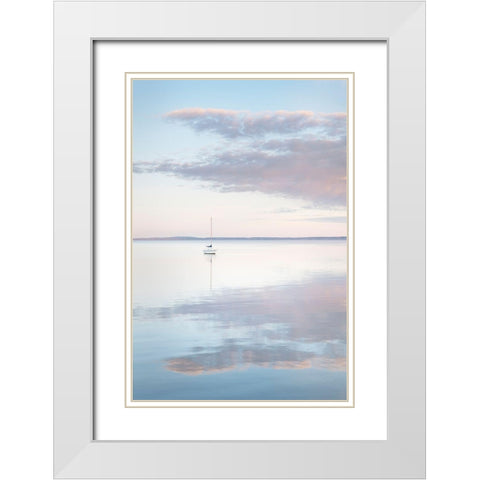 Sailboat and morning clouds reflected in calm waters of Bellingham Bay-Washington State White Modern Wood Framed Art Print with Double Matting by Majchrowicz, Alan