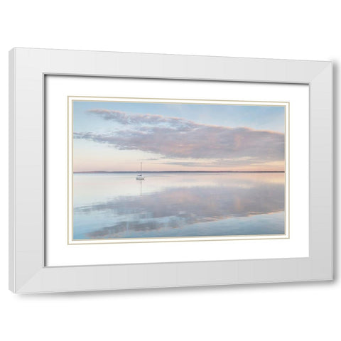 Sailboat and morning clouds reflected in calm waters of Bellingham Bay-Washington State White Modern Wood Framed Art Print with Double Matting by Majchrowicz, Alan
