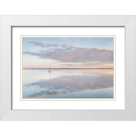 Sailboat and morning clouds reflected in calm waters of Bellingham Bay-Washington State White Modern Wood Framed Art Print with Double Matting by Majchrowicz, Alan