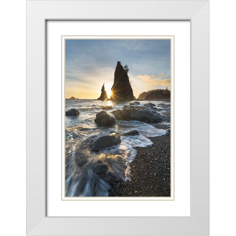 Setting sun behind Split Rock on Rialto Beach-Olympic National Park White Modern Wood Framed Art Print with Double Matting by Majchrowicz, Alan