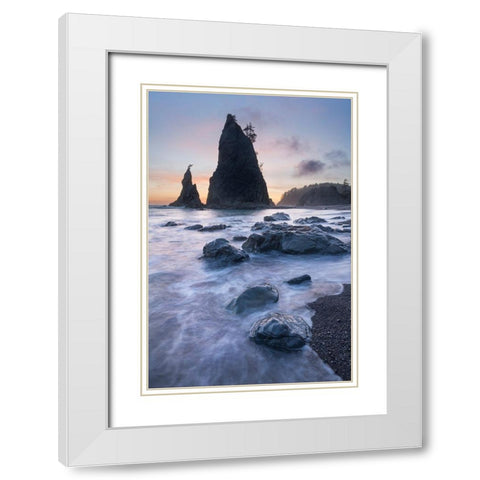 Twilight at Split Rock on Rialto Beach-Olympic National Park White Modern Wood Framed Art Print with Double Matting by Majchrowicz, Alan