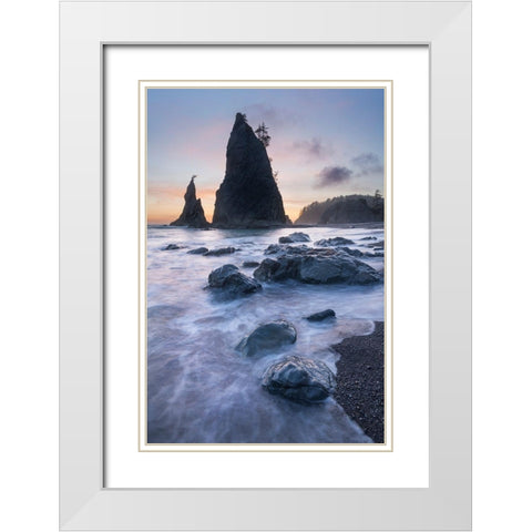 Twilight at Split Rock on Rialto Beach-Olympic National Park White Modern Wood Framed Art Print with Double Matting by Majchrowicz, Alan
