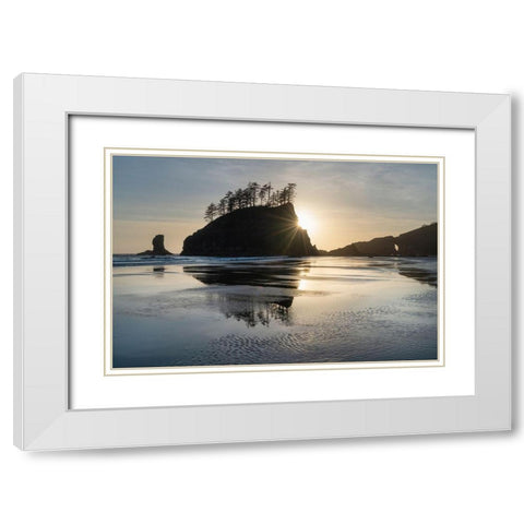 Sunset at Second Beach during low tide-Olympic National Park-Washington State White Modern Wood Framed Art Print with Double Matting by Majchrowicz, Alan