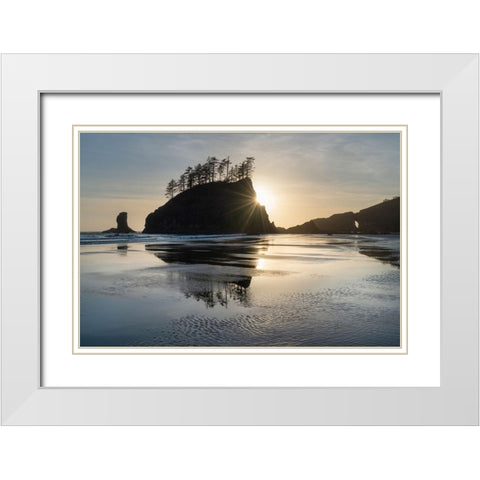 Sunset at Second Beach during low tide-Olympic National Park-Washington State White Modern Wood Framed Art Print with Double Matting by Majchrowicz, Alan