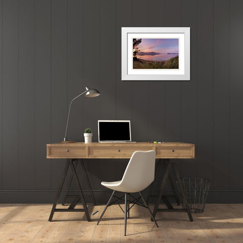 WA, Seabeck Fisheye view of sunset on Hood Canal White Modern Wood Framed Art Print with Double Matting by Paulson, Don