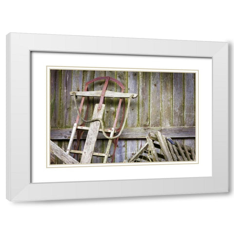 USA, Washington, Belfair Old sled in storage White Modern Wood Framed Art Print with Double Matting by Paulson, Don