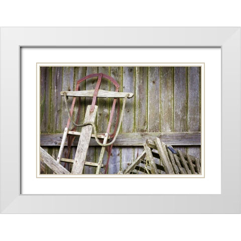USA, Washington, Belfair Old sled in storage White Modern Wood Framed Art Print with Double Matting by Paulson, Don