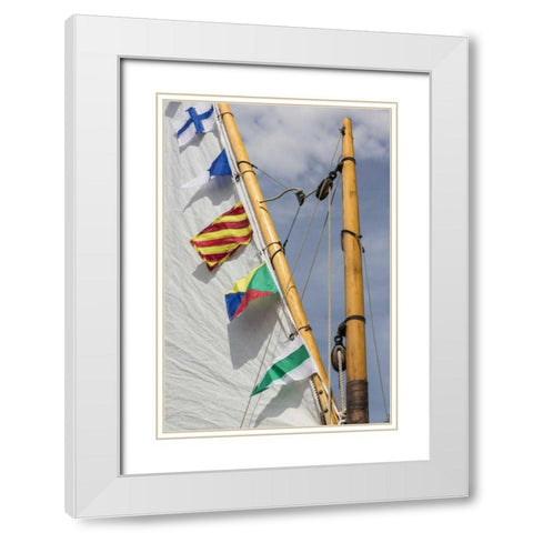 WA, Boat sail and flags at Bainbridge Island White Modern Wood Framed Art Print with Double Matting by Paulson, Don