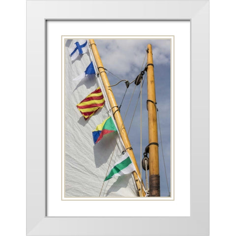WA, Boat sail and flags at Bainbridge Island White Modern Wood Framed Art Print with Double Matting by Paulson, Don
