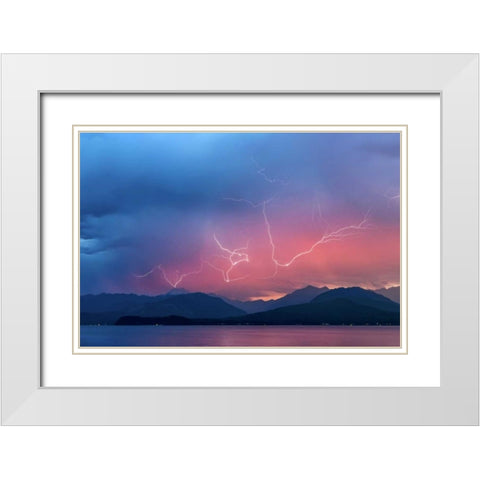 WA, Seabeck Lightning over Hood Canal White Modern Wood Framed Art Print with Double Matting by Paulson, Don