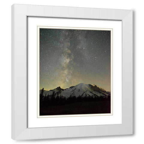 The lights of climbers can be seen on the mountain as the Milky Way rises behind Mt Rainier White Modern Wood Framed Art Print with Double Matting by Probst, Greg