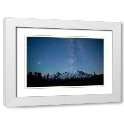 The lights of climbers can be seen on the mountain as the Milky Way rises behind Mt Rainier White Modern Wood Framed Art Print with Double Matting by Probst, Greg