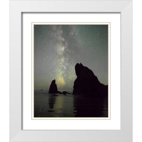 The Milky Way rising behind sea stacks on Ruby Beach-Olympic National Park-Washington State White Modern Wood Framed Art Print with Double Matting by Probst, Greg