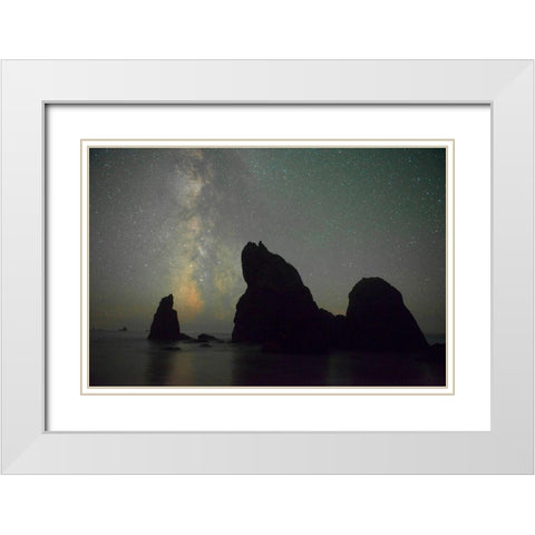 The Milky Way rising behind sea stacks on Ruby Beach-Olympic National Park-Washington State White Modern Wood Framed Art Print with Double Matting by Probst, Greg