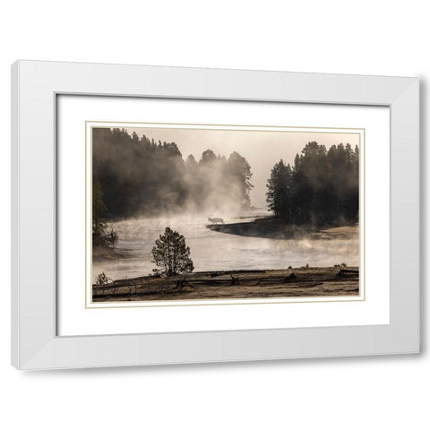 Morning mist on Yellowstone River-Yellowstone National Park-Wyoming White Modern Wood Framed Art Print with Double Matting by Jones, Adam