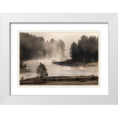 Morning mist on Yellowstone River-Yellowstone National Park-Wyoming White Modern Wood Framed Art Print with Double Matting by Jones, Adam