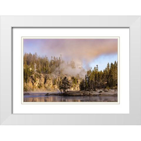 Morning mist on Yellowstone River-Yellowstone National Park-Wyoming White Modern Wood Framed Art Print with Double Matting by Jones, Adam