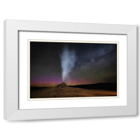 Wyoming-Yellowstone National Park Aurora and Milky Way above erupting White Dome Geyser White Modern Wood Framed Art Print with Double Matting by Jaynes Gallery