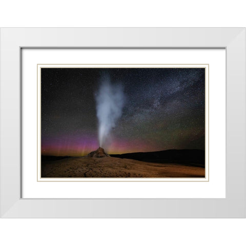 Wyoming-Yellowstone National Park Aurora and Milky Way above erupting White Dome Geyser White Modern Wood Framed Art Print with Double Matting by Jaynes Gallery