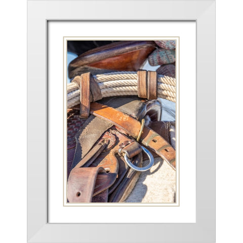 USA- Wyoming. Hideout Horse Ranch- saddle detail. White Modern Wood Framed Art Print with Double Matting by Looney, Hollice