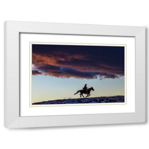 USA- Wyoming. Hideout Horse Ranch- wrangler and horse at sunset. White Modern Wood Framed Art Print with Double Matting by Looney, Hollice