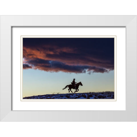 USA- Wyoming. Hideout Horse Ranch- wrangler and horse at sunset. White Modern Wood Framed Art Print with Double Matting by Looney, Hollice
