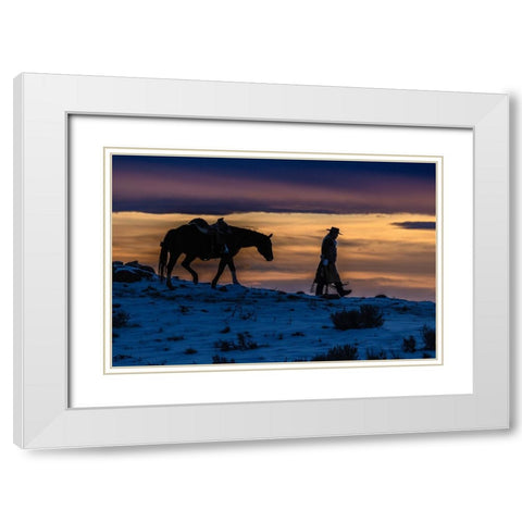 USA- Wyoming. Hideout Horse Ranch- wrangler and horse at sunset. White Modern Wood Framed Art Print with Double Matting by Looney, Hollice