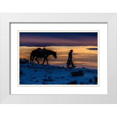 USA- Wyoming. Hideout Horse Ranch- wrangler and horse at sunset. White Modern Wood Framed Art Print with Double Matting by Looney, Hollice