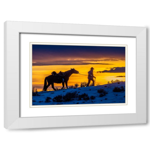 USA- Wyoming. Hideout Horse Ranch- wrangler and horse at sunset. White Modern Wood Framed Art Print with Double Matting by Looney, Hollice