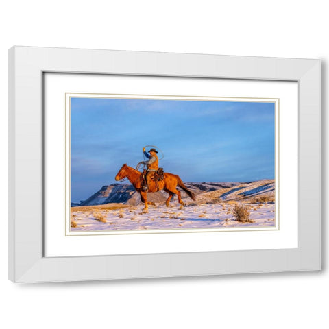 USA- Wyoming. Hideout Horse Ranch- wrangler and horse in snow. White Modern Wood Framed Art Print with Double Matting by Looney, Hollice