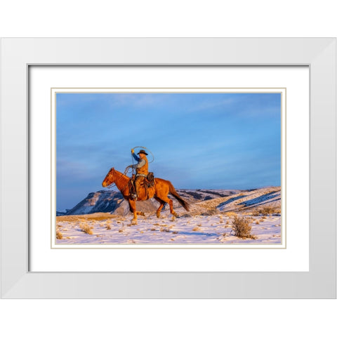USA- Wyoming. Hideout Horse Ranch- wrangler and horse in snow. White Modern Wood Framed Art Print with Double Matting by Looney, Hollice