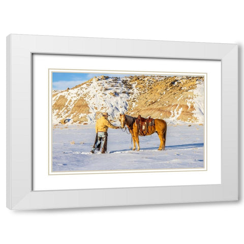 USA- Wyoming. Hideout Horse Ranch- wrangler and horse in snow. White Modern Wood Framed Art Print with Double Matting by Looney, Hollice