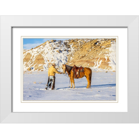 USA- Wyoming. Hideout Horse Ranch- wrangler and horse in snow. White Modern Wood Framed Art Print with Double Matting by Looney, Hollice