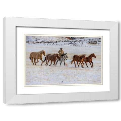 USA- Wyoming. Hideout Horse Ranch- wrangler and horses in snow. White Modern Wood Framed Art Print with Double Matting by Looney, Hollice