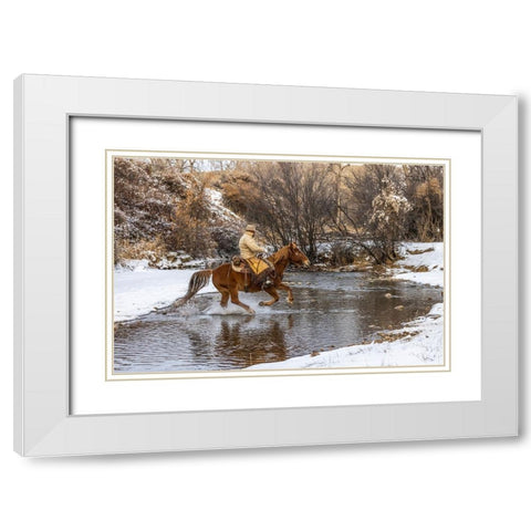 USA- Wyoming. Hideout Horse Ranch- wrangler crossing the stream on horseback. White Modern Wood Framed Art Print with Double Matting by Looney, Hollice