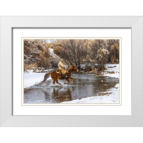 USA- Wyoming. Hideout Horse Ranch- wrangler crossing the stream on horseback. White Modern Wood Framed Art Print with Double Matting by Looney, Hollice