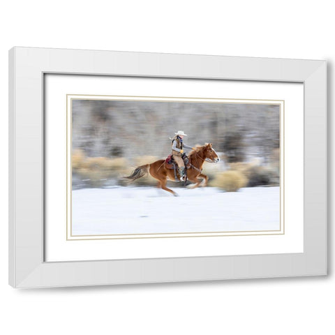 USA- Wyoming. Hideout Horse Ranch- wrangler on horseback in snow. White Modern Wood Framed Art Print with Double Matting by Looney, Hollice