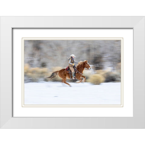 USA- Wyoming. Hideout Horse Ranch- wrangler on horseback in snow. White Modern Wood Framed Art Print with Double Matting by Looney, Hollice